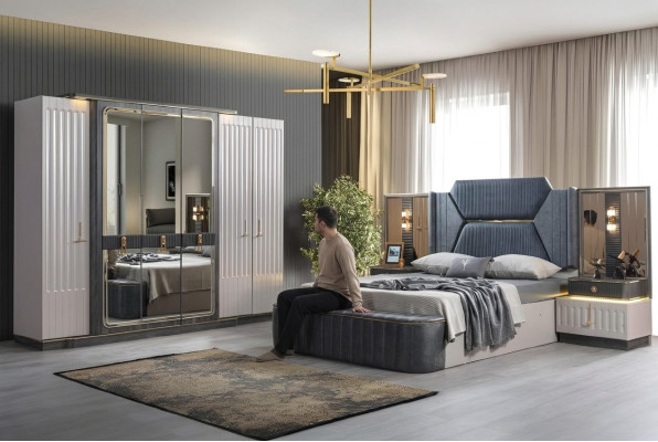 Set da camera da letto con letto 2 comodini armadio a 4 ante design.