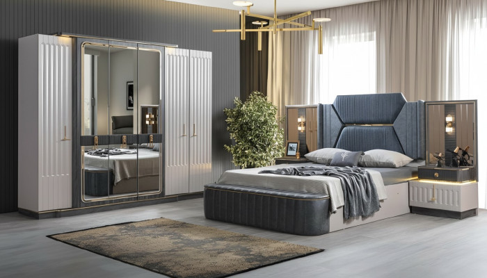 Set da camera da letto con letto 2 comodini armadio a 4 ante design.