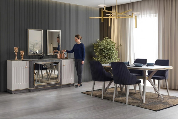 Set da pranzo di lusso, tavolo da pranzo + 6x sedie + credenza con 2 specchi Nuovo set