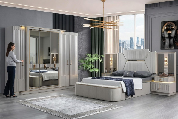 Mobili di design set da camera da letto 4 pezzi Letto 2 comodini Armadio Nuovo