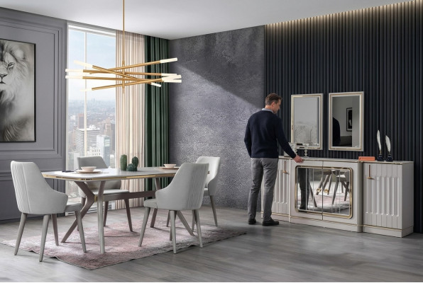 Sala da pranzo Set Corredo Sideboard con 2 specchi Tavolo 6 sedie 10 pezzi.