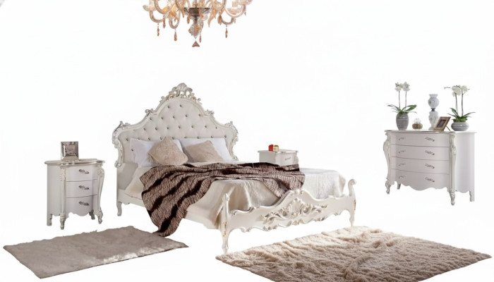 Set di biancheria da letto bianca con letto 2 comodini comò in legno 4 pezzi
