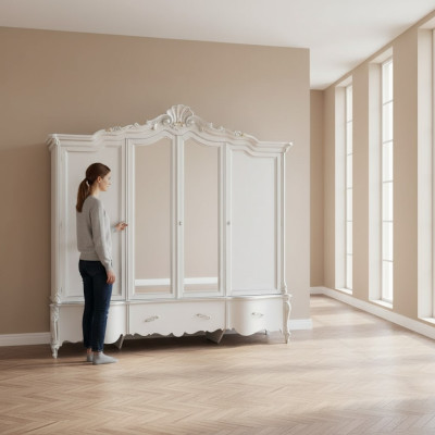 Armadio classico bianco a quattro ante in legno massello design.