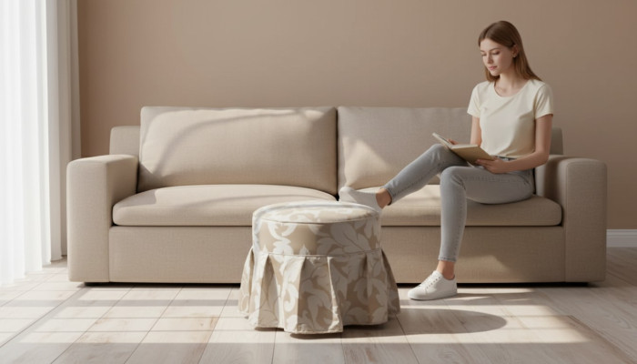 Grigio Pouf di lusso Rotondo Pouf imbottito Tessile Pouf Ottomana