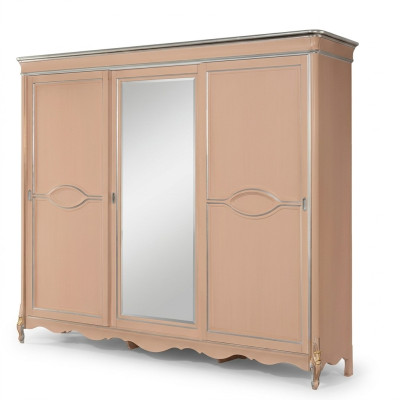 Armadio camera da letto beige a 3 ante in legno massello, classico.