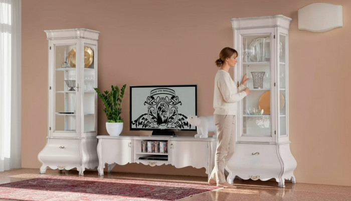 Soggiorno di lusso bianco mobili del soggiorno Parete 2 vetrine Supporto TV Classico