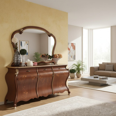 Comò con specchio, mobile console, comodini con cassetti, set di 2 pezzi.