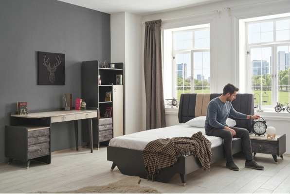 Set da camera da letto di lusso con letto e libreria elegante.