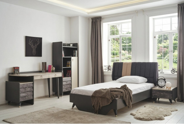 Set da camera da letto di lusso con letto e libreria elegante.
