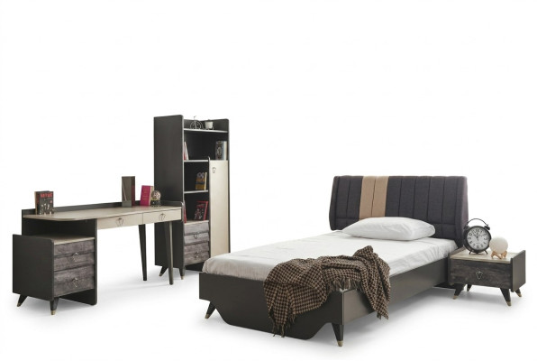 Set da camera da letto di lusso con letto e libreria elegante.
