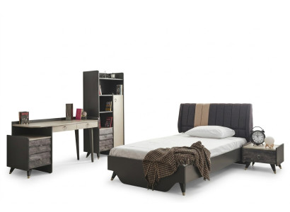 Set da camera da letto di lusso con letto e libreria elegante.