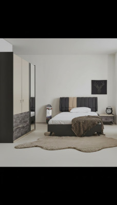 Lussuoso elegante set da camera grigio moderno letto comodino nuovo