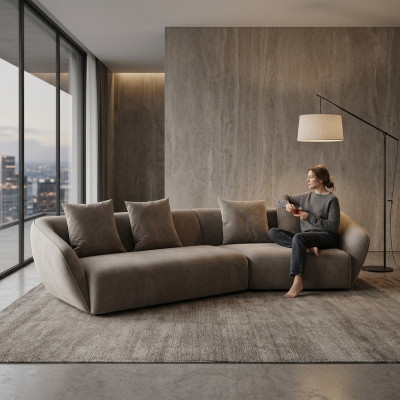 Esclusivo divano di lusso a 4 posti in tessuto sedili moderni arredi tessili colore grigio.