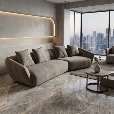 Esclusivo divano di lusso a 4 posti in tessuto sedili moderni arredi tessili colore grigio.