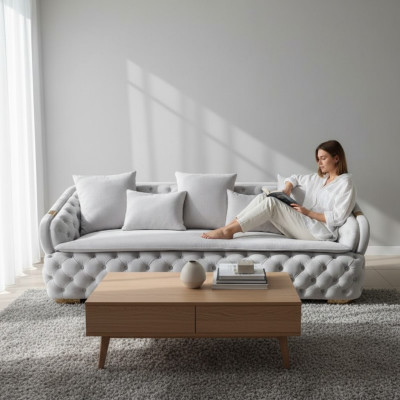 lussoso divano in stile Chesterfield grigio a 3 posti in stoffa di design moderno di lusso