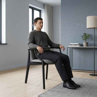 Designer Sedia da pranzo grigia con struttura in legno Braccioli Sedile imbottito Mobili