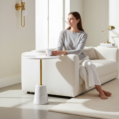 Tavolo bianco rotondo in marmo, mobili in metallo, tavolini da salotto, tavolo design