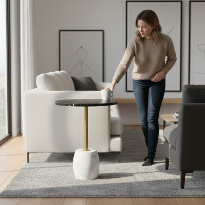 Lussuoso tavolo in marmo, mobili da soggiorno, design rotondo, stile tavolino.
