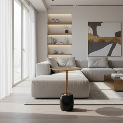 Tavolino da salotto nero e dorato, design per soggiorno, eleganti tavolini laterali.