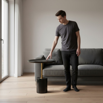 Tavolino tondo nero con base in acciaio inossidabile, tavolino da designer