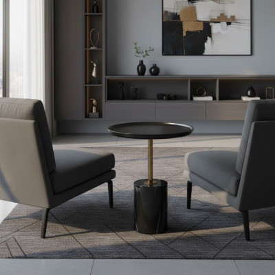 Tavolino tondo nero con base in acciaio inossidabile, tavolino da designer