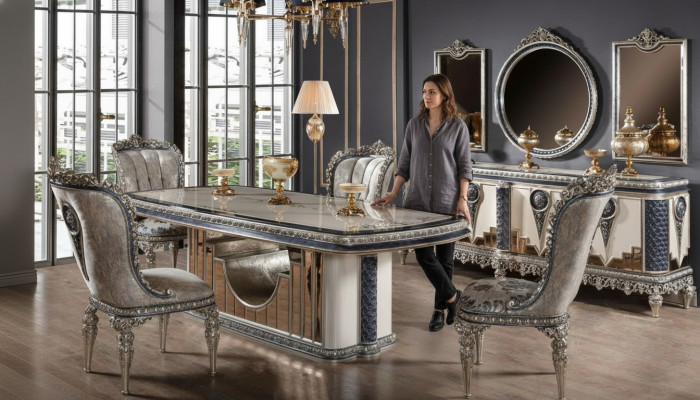 Set da pranzo grigio, mobili da sala da pranzo classici, tavolo da pranzo, credenza, nuovo.