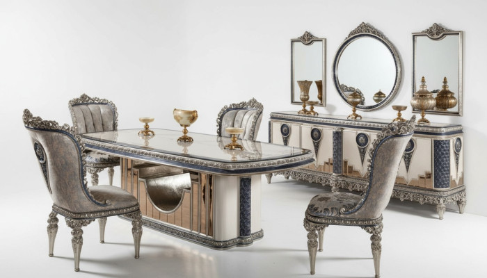Set da pranzo grigio, mobili da sala da pranzo classici, tavolo da pranzo, credenza, nuovo.