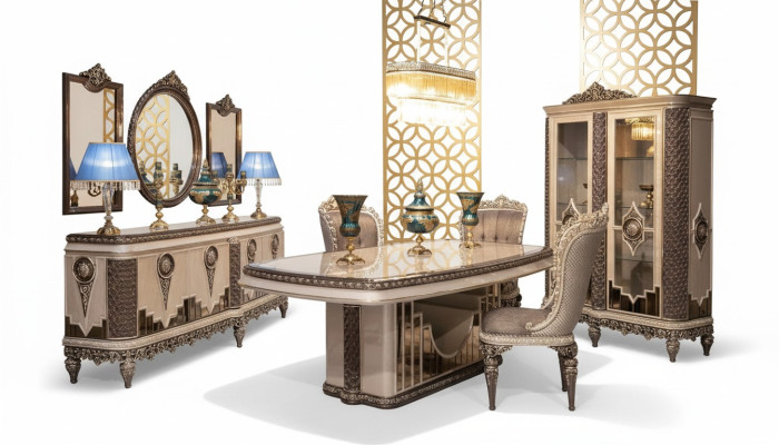 Set da pranzo classico Tauper, completamento di lusso, tavolo da pranzo, sedie, credenza.