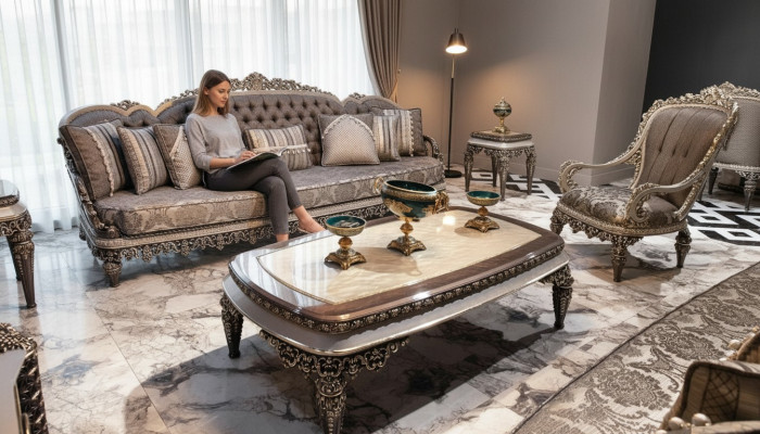 Taupe Set di divani Chesterfield classico 3+1+1 posti a sedere, divani di lusso