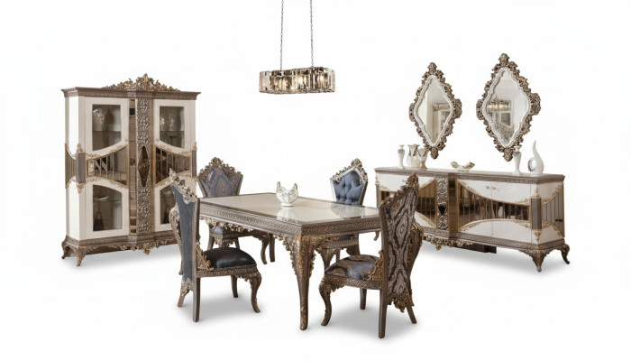 Bianco-Taupe Set da pranzo Tavolo da pranzo Sedie da pranzo Comò Specchio