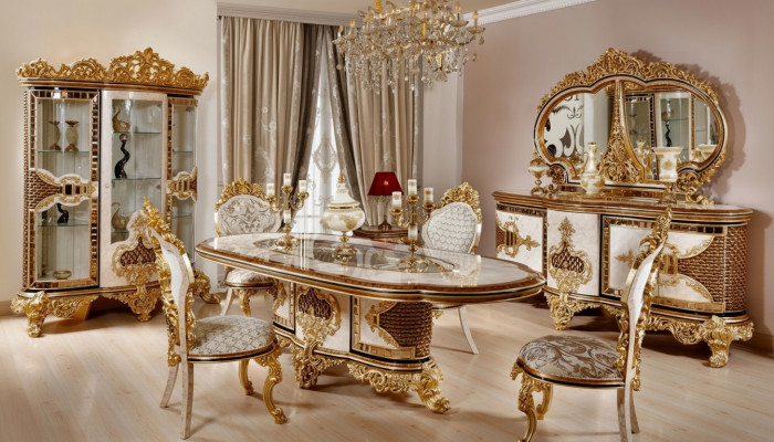 Lussuoso set da pranzo bianco-oro, tavolo da pranzo 4 sedie, credenza 6 pezzi mobili.