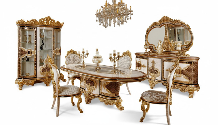Lussuoso set da pranzo bianco-oro, tavolo da pranzo 4 sedie, credenza 6 pezzi mobili.