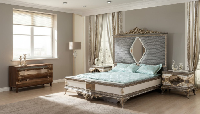 Camera da letto grigia classica set di lusso con letto matrimoniale e 2 comodini.