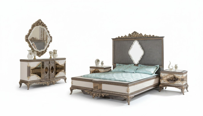 Camera da letto grigia classica set di lusso con letto matrimoniale e 2 comodini.