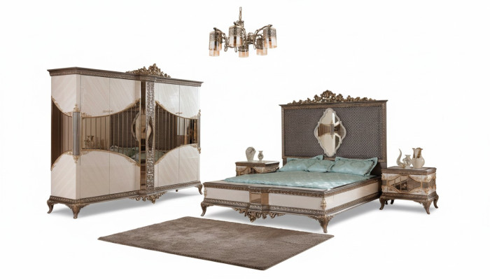 Set camera da letto bianco e oro con letto matrimoniale, 2 comodini e armadio.