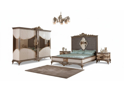 Set camera da letto bianco e oro con letto matrimoniale, 2 comodini e armadio.