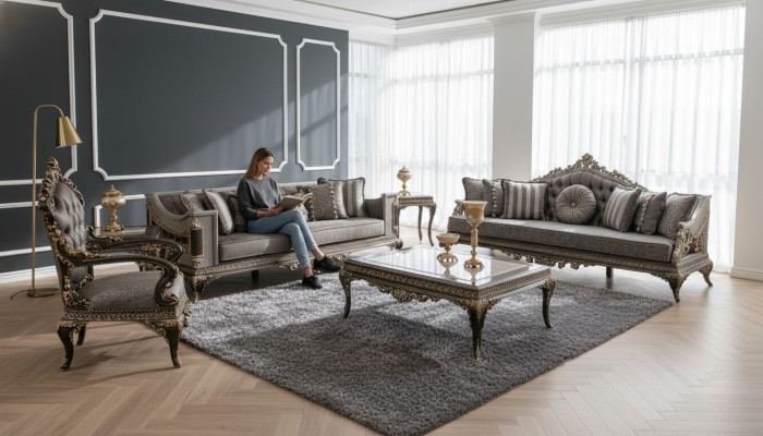 Classico set divano Chesterfield grigio 3+3+1 posti con tavolino 4 pezzi