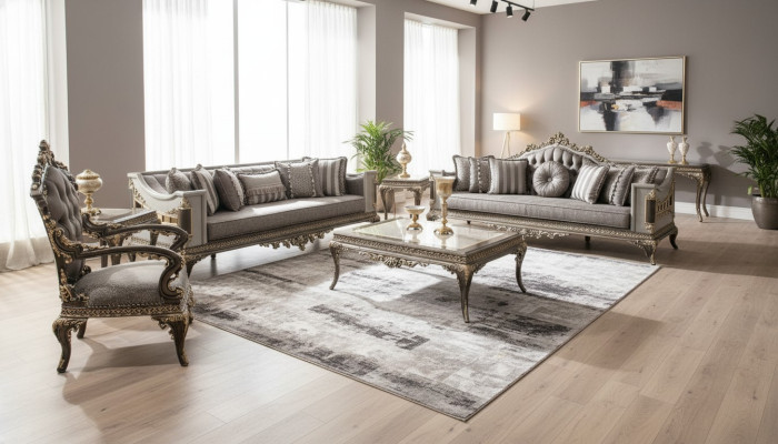 Classico set divano Chesterfield grigio 3+3+1 posti con tavolino 4 pezzi