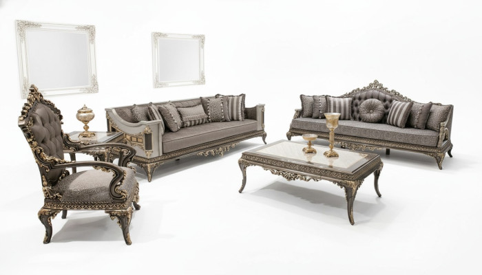 Classico set divano Chesterfield grigio 3+3+1 posti con tavolino 4 pezzi