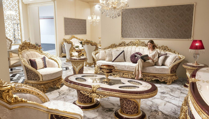 Set di divani Chesterfield bianco e oro 3+1 posti con tavolino - set sofà con 3 pezzi