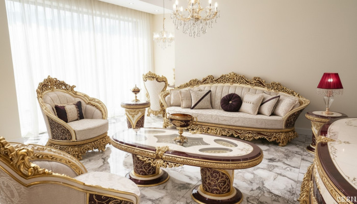 Set di divani Chesterfield bianco e oro 3+1 posti con tavolino - set sofà con 3 pezzi