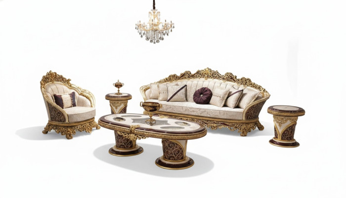 Set di divani Chesterfield bianco e oro 3+1 posti con tavolino - set sofà con 3 pezzi