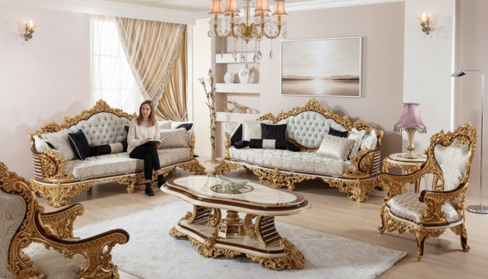 Set di divani Chesterfield bianco e oro 3 + 3 + 1 posto poltrona 3 pezzi