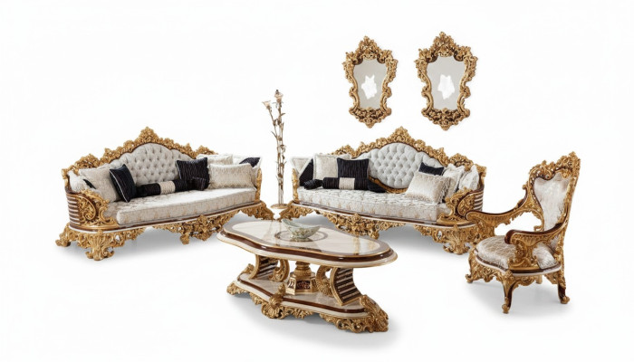 Set di divani Chesterfield bianco e oro 3 + 3 + 1 posto poltrona 3 pezzi