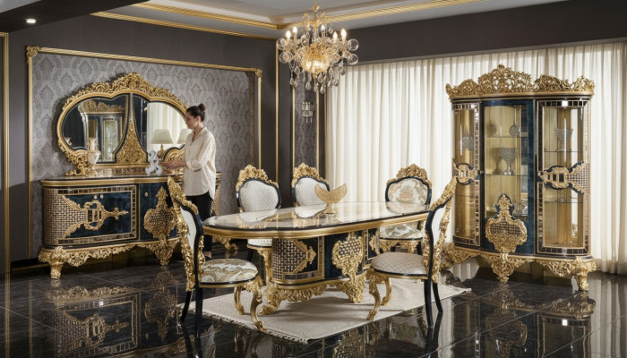 Elegante set da pranzo classico: tavolo da pranzo, cassettiera, specchio, sedie