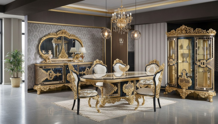 Elegante set da pranzo classico: tavolo da pranzo, cassettiera, specchio, sedie