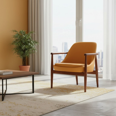 Sedia imbottita arancione del designer con struttura in legno, per la sala da pranzo, monoposto.