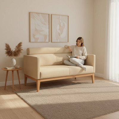 Divano per ufficio beige, design a due posti in ecopelle, lusso.