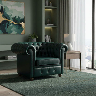 Poltrona Chesterfield verde scuro per il soggiorno, la sala TV, o lounge, singola.