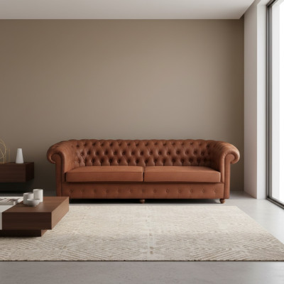Divano Chesterfield moderno a tre posti marrone.
